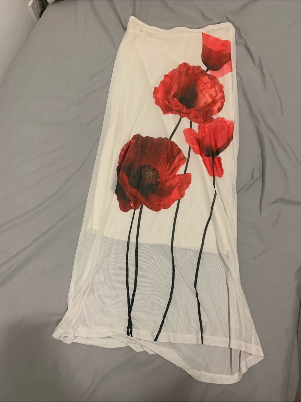 White Maxi Skirt with Red Poppy Print